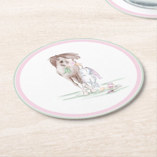 Pappuntersetzer Ostermotiv, Pferd und Hase Runder Pappuntersetzer (Angewinkelt)