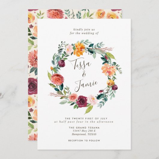 Paprika Burgundy Blumenreath Einladung (Vorne/Hinten)