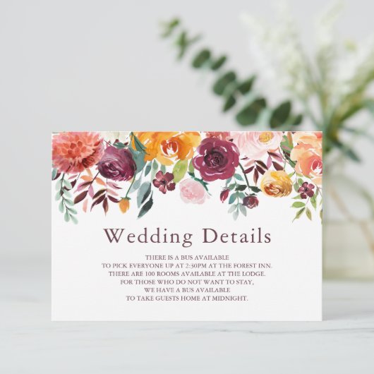 Paprika Burgundy Floral Wedding Details Card Begleitkarte (Stehend Vorderseite)