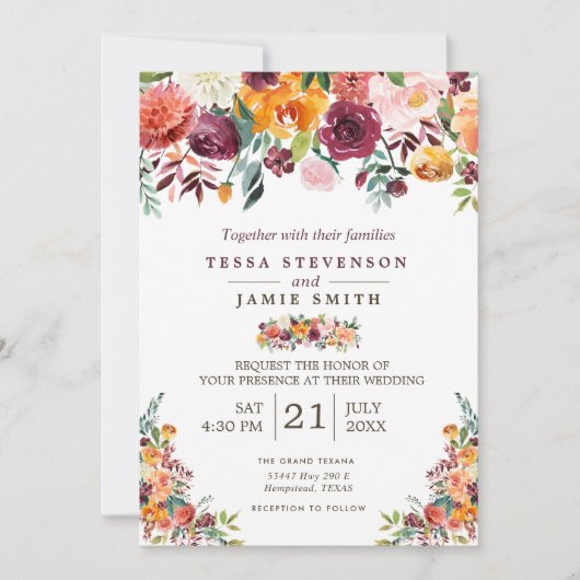 Paprika Burgundy Floral Wedding Einladung (Vorderseite)