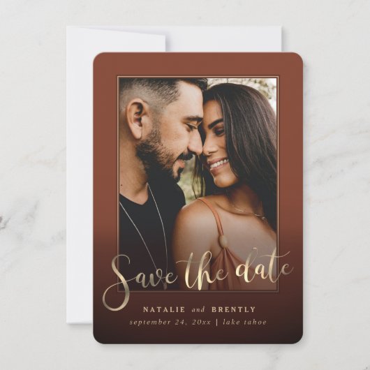 Paprika Sienna Gold Script & Marble Foto Overlay Save The Date (Vorderseite)