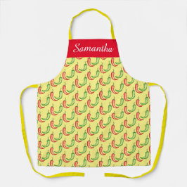 Paprikaschoten in den Farben Rot und Grün des Chil Schürze