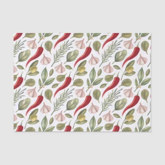 Paprikaschoten, Knoblauch, Oliven und Kräuter aus  Seidenpapier (Vorderseite)