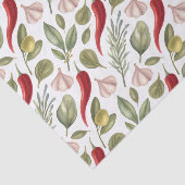 Paprikaschoten, Knoblauch, Oliven und Kräuter aus  Seidenpapier (Ausschnitt)