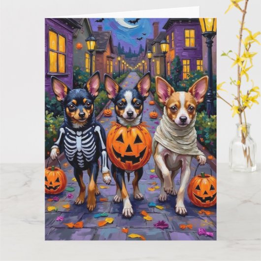 Päpstliche Hunde Trick-oder-Treating Halloween-Kos Karte (Gelbe Blume)