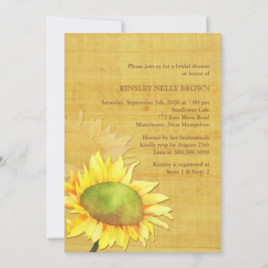 Papyrus Sunflower Rustic Fall Brautparty Einladung (Rückseite)