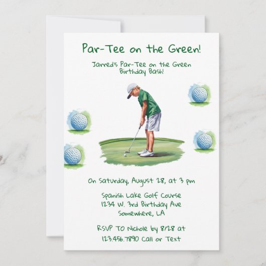 Par-T-Shirt auf dem Green Golf Boy Birthday Bash Einladung (Vorderseite)