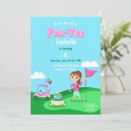 Par-T-Shirt Chibi Girl Birthday Golf Party Einladung (Stehend Vorderseite)