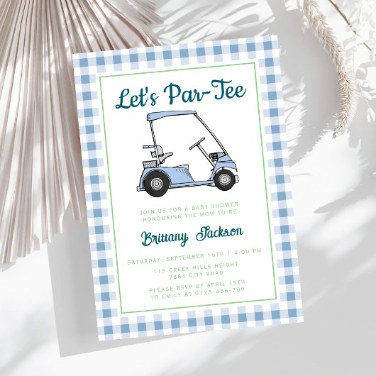 Par T-Shirt Golf Blue Checkered Boy Baby Shower Einladung
