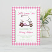 Par T-Shirt Golf Pink Checkered Girl Baby Dusche Einladung (Stehend Vorderseite)