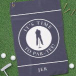 Par T-Shirt Golfer Funny Spaß Monogram Blue für ih Golfhandtuch<br><div class="desc">Die helle, individuelle Silhouette des Golfers im klassisch dunkelblauen Set mit weißem, mit gebogenem Text "It's Time To Par T-Shirt!" umrahmt von weißem Schriftart. Außerdem finden Sie eine moderne Vorlage für einen mit Monogramm Namen, Initialen oder benutzerdefinierten Text. Der Hintergrund ist massiv blau. Wenn Sie Fragen zu diesem oder einem...</div>