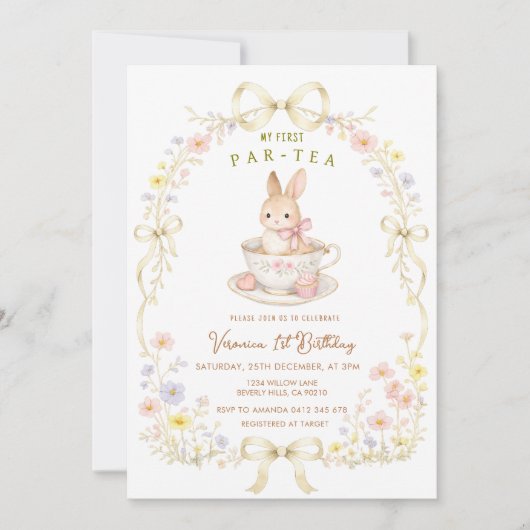 Par-Tea Bunny 1st Birthday wildflower  Einladung (Vorderseite)