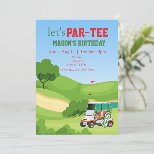 PAR-TEE, golf birthday Einladung (Stehend Vorderseite)