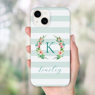 Paradies Blumen- und Minzstreifen-Monogramm Case-Mate iPhone 14 Hülle
