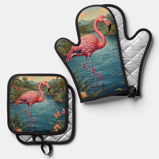 Paradies für Rosa Flamingo Ofenhandschuh & Topflappen-Set (Vorderseite/Rückseite)