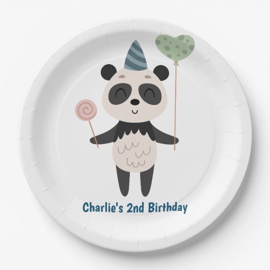 Paradies, Panda mit Ballons und Party-Hut Pappteller (Vorderseite)