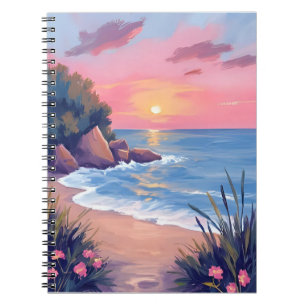 Paradiesbucht Rosa Aquarell-Ozeanwellen-Sonnenun Notizblock