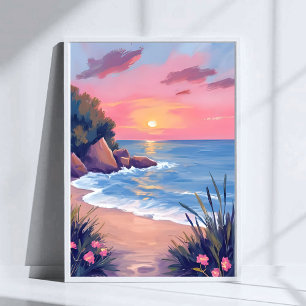 Paradiesbucht Rosa Aquarell-Ozeanwellen-Sonnenun Poster