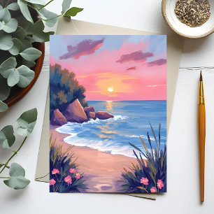 Paradiesbucht   Rosa Aquarell-Ozeanwellen-Sonnenun Postkarte