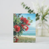 Paradiesstrand Rote Blume Neuseeland Sommer Postkarte (Stehend Vorderseite)