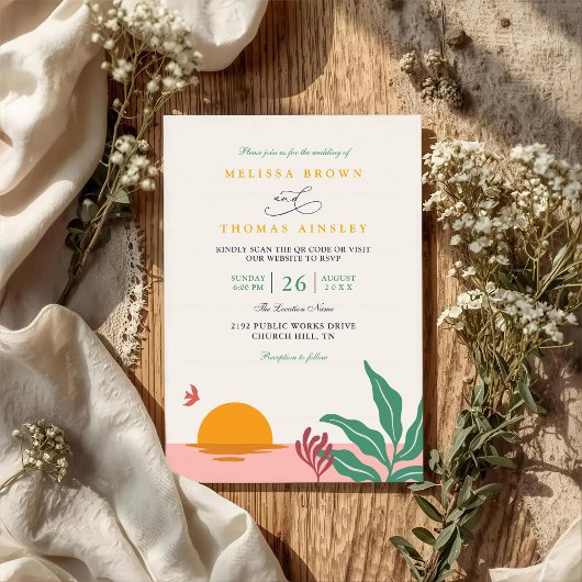 Paradiesstrand Tropischer Vintage QR-Code Hochzeit Einladung