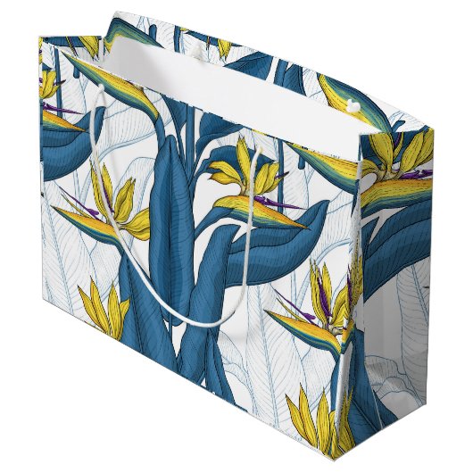 Paradiesvogel auf Weiß-Blume Große Geschenktüte (Rückseite Schrägansicht)