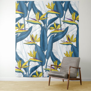 Paradiesvogel auf Weiß-Blume Wandteppich