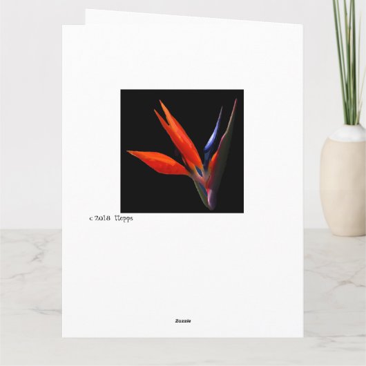 Paradiesvögel in Herzvase auf weißer Karte (Rückseite)