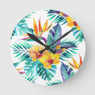 Paradiesvogel u. Orchideen-Muster Runde Wanduhr