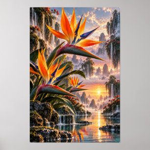 Paradiesvogelflora im Sonnenuntergang Wasserfall T Poster