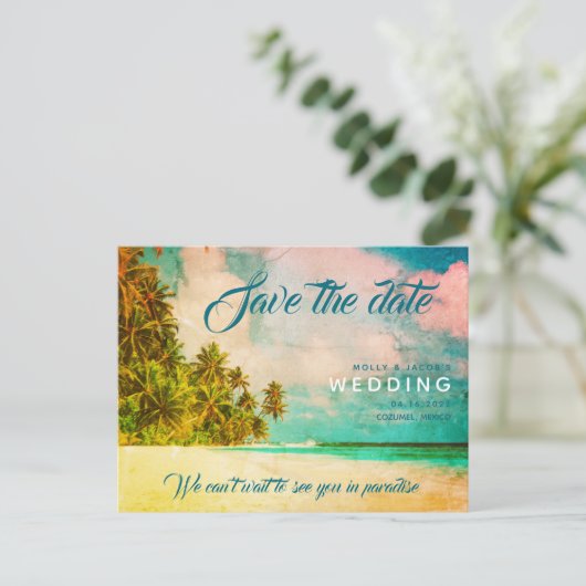 Paradise Beach Hochzeit in Urlaubsort Save the Dat Ankündigungspostkarte (Stehend Vorderseite)