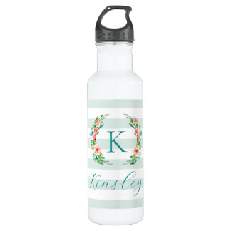 Paradise Floral und Streifen Monogramm Edelstahlflasche