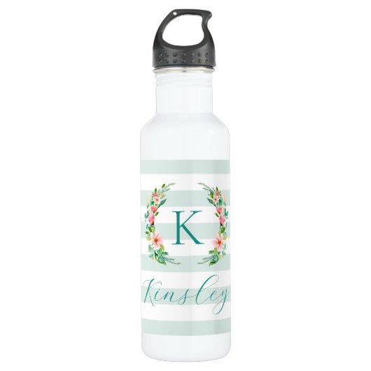 Paradise Floral und Streifen Monogramm Edelstahlflasche (Vorderseite)