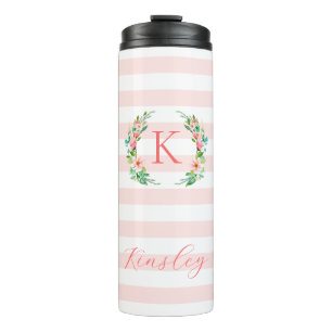 Paradise Floral und Streifen Monogramm Thermosbecher