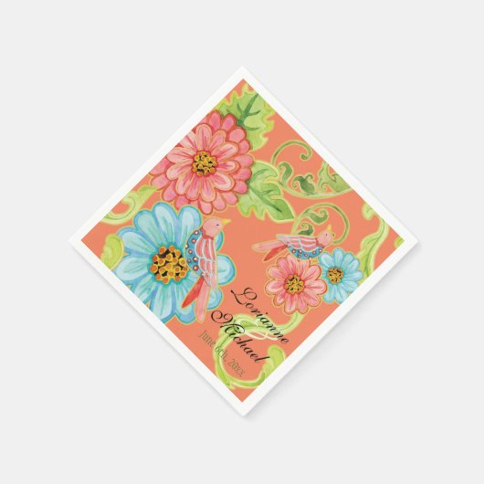 Paradise Love Birds 3, Floral Moderne Hochzeitsdek Serviette (Ecke)