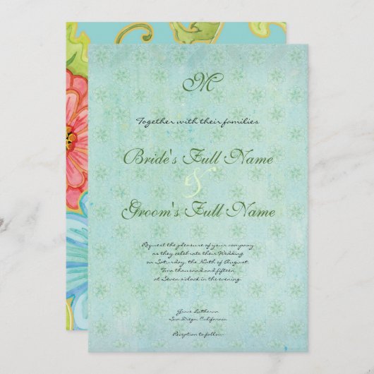 Paradise Love Birds Moderner Blumenwirbel Damask Einladung (Vorne/Hinten)