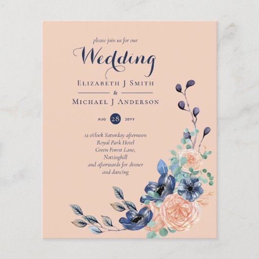 Paradise Navy Coral Floral Wedding Invites (Vorderseite)