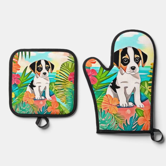 Paradise Puppy Design Ofenhandschuh & Topflappen-Set (Vorderseite)