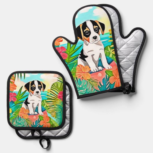 Paradise Puppy Design Ofenhandschuh & Topflappen-Set (Vorderseite/Rückseite)
