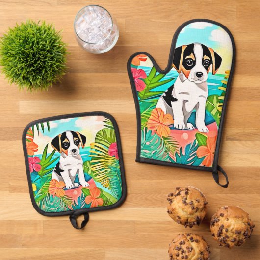 Paradise Puppy Design Ofenhandschuh & Topflappen-Set (Oben Unten)