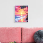 Paradise Sunset | Pink Tropical Watercolor Beach Leinwanddruck (Insitu (Wohnzimmer))