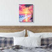 Paradise Sunset | Pink Tropical Watercolor Beach Leinwanddruck (Insitu (Schlafzimmer))