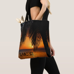 Paradise Tropical Palm Tree Orange Ocean Sunset Tasche