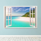 Paradisischer Blick durch die Fenstertäuschung Leinwanddruck (Insitu (Holzboden))