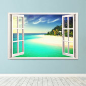 Paradisischer Blick durch die Fenstertäuschung Leinwanddruck (Insitu (Holzboden))