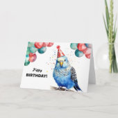 Parakeet Budgie Balloons und Party Hat Geburtstag Karte (Vorderseite)