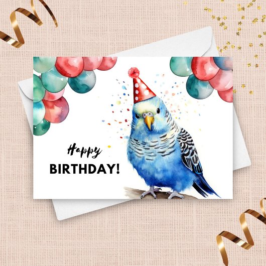 Parakeet Budgie Balloons und Party Hat Geburtstag Karte