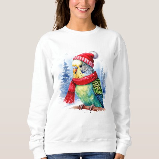 Parakeet in Hut und Scarf auf einer Zweigniederlas Sweatshirt (Vorderseite)