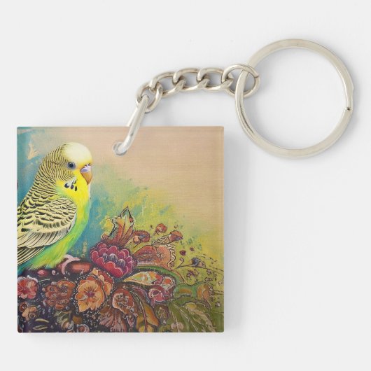 Parakeet mit Blume der Folkloregie Schlüsselanhänger (Rückseite)