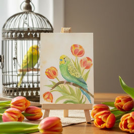 Parakeet with Tulips  Postkarte